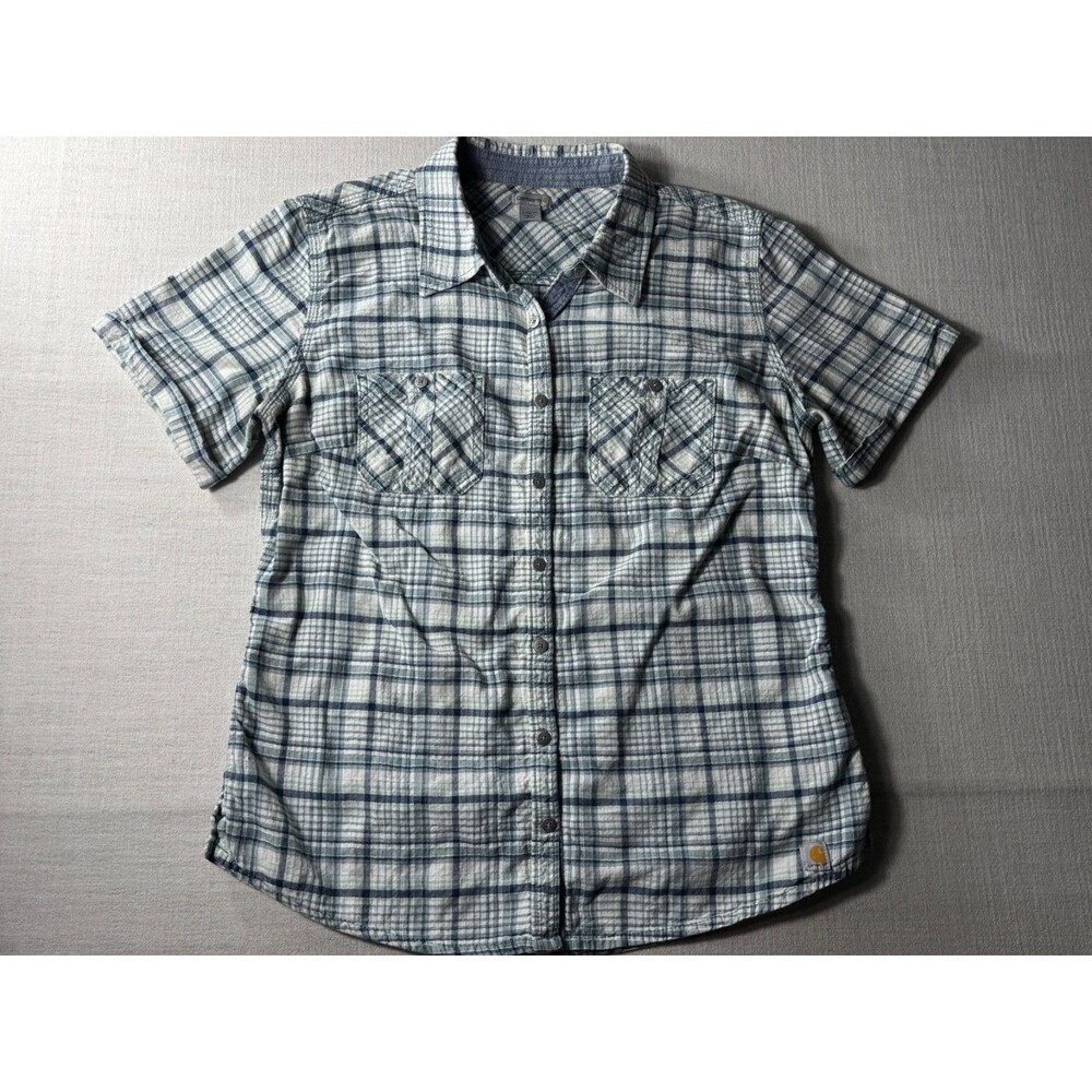 Carhartt Women's Collared Button Up Short Sleeve Blue Grey Plaid Large 12/14